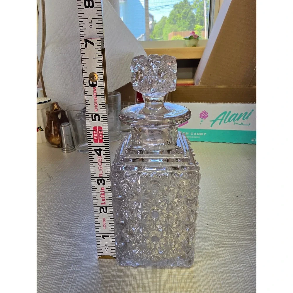 Vintage Clear Pressed Glass Square Decanter Starburst Diamond Pattern Stopper